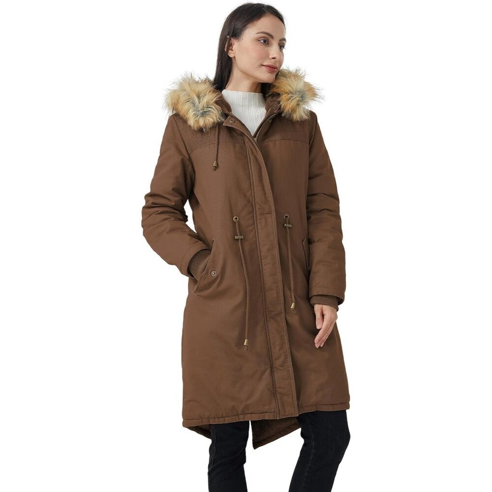 Women's Dark Coffee Fluffy Fur Lined Long Sleeve Hooded Vest Jacket Coat Winter